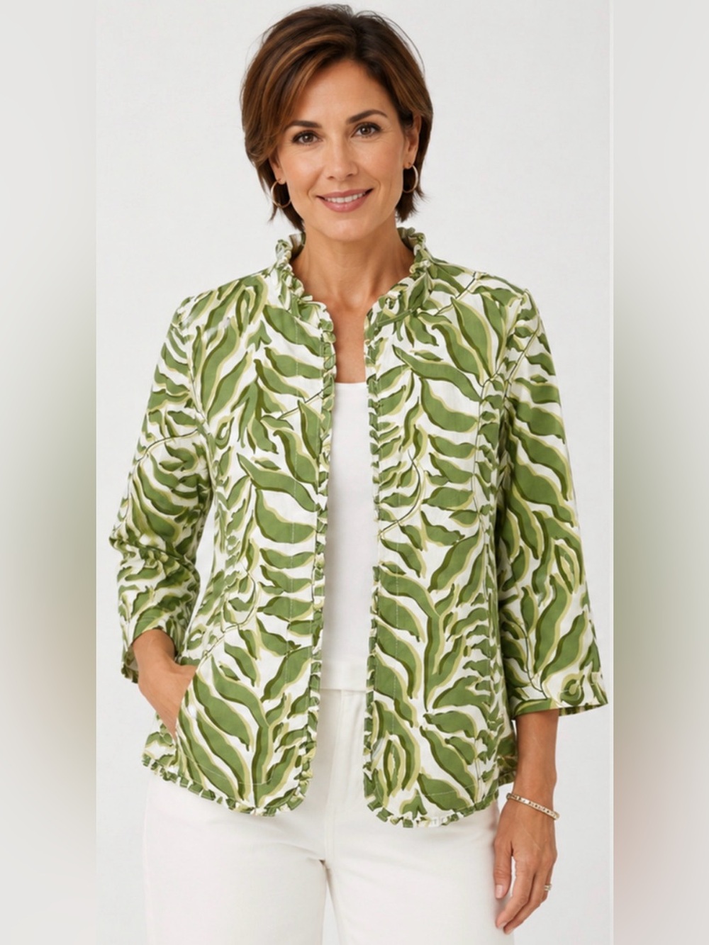 NWT CHICO'S WHITE GREEN SPANISH MOSS PUKALANI PALMS RUFFLE JACKET SZ 1